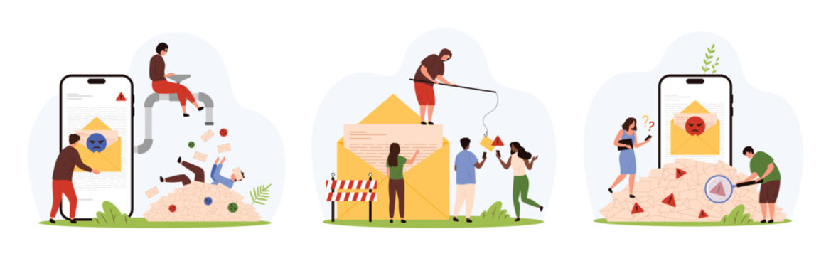 Spam overload, warning notification in mailbox mobile app, threat of phishing and fraud set. Tiny people look through magnifying glass, drown at pile of scam letters cartoon vector illustration