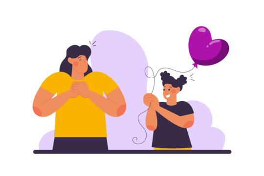 Girl Gives Purple Heart Balloon to Her Mother with Yellow Shirt on a White Background