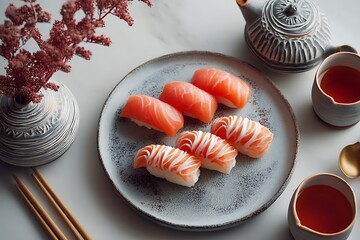 Savoring sushi delights with fresh salmon nigiri served in a Japanese restaurant, captured in a minimalist setting with a top-down view.