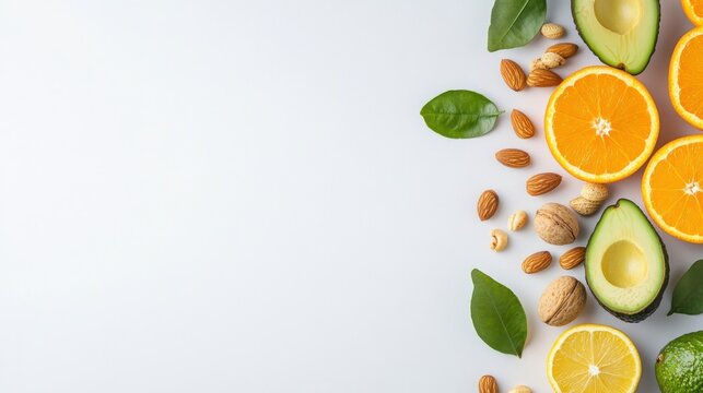 Vibrant healthy food flatlay citrus avocado nuts