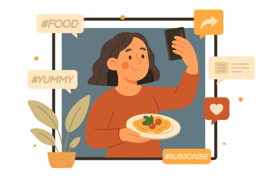 Food Influencer Displaying Spaghetti Meal on White Plate Transparent Background