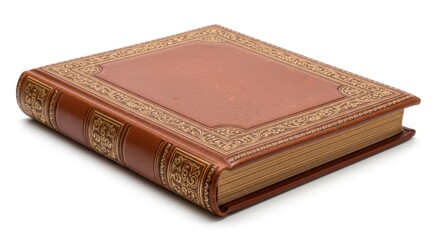 A beautifully crafted, antique-style leather-bound book with ornate gold tooling on the cover and spine, resting on a white background.