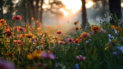 Sunset light glowing softly over colorful flower landscape