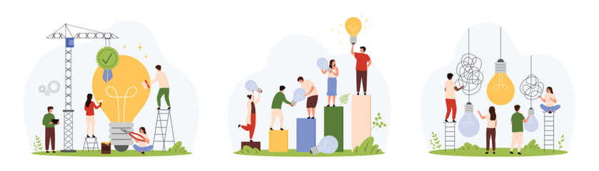 Business competition for best idea, innovation set. Tiny people choose bright big light bulb among hanging dark lamps, success solution of team leader with quality mark cartoon vector illustration