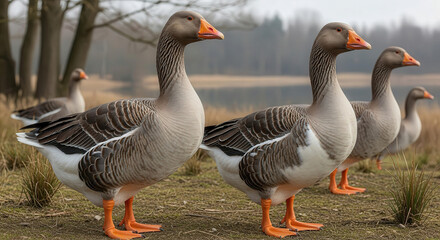 A quartet of vigilant Graylag Geese stands close on the lake shore