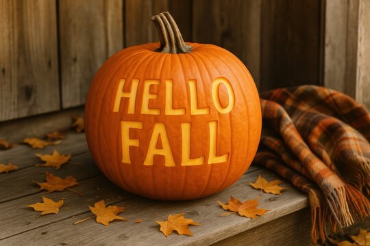 Carved pumpkin displaying hello fall message welcoming autumn season - Powered by Adobe