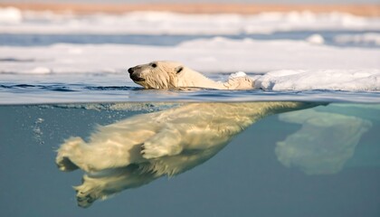 Polar bear swims under ice with sunlit sky reflected on arctic sea surface