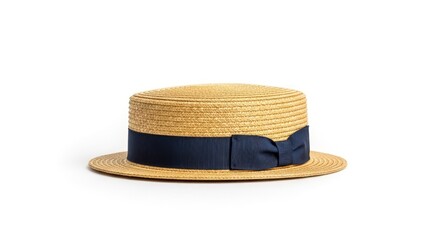 A classic straw boater hat with a navy blue ribbon and bow, presented against a clean white background.