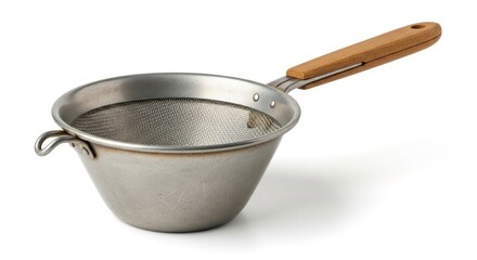 A metal sieve with a wooden handle, designed for straining food items in the kitchen.
