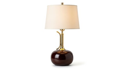 A classic table lamp with a rich dark red ceramic base and a cream-colored shade, featuring a brass stem and accents.