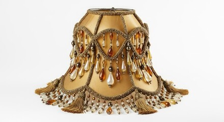 A vintage gold lampshade adorned with intricate beadwork and fringe, featuring a bell shape and ornate detailing.