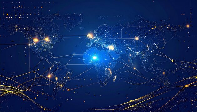 Luminous World Map Showing Global Network Connections and Data Flow.