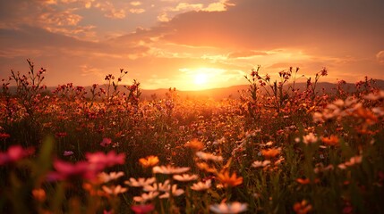 Peaceful sunset behind flower field glowing warmly