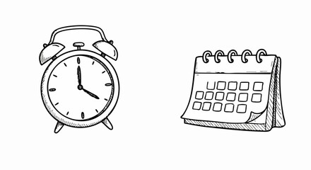 Sketch Style Alarm Clock and Calendar on White Background