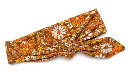A retro-inspired headband with a vibrant floral and paisley pattern in shades of orange, brown, and yellow, featuring a knotted bow detail.