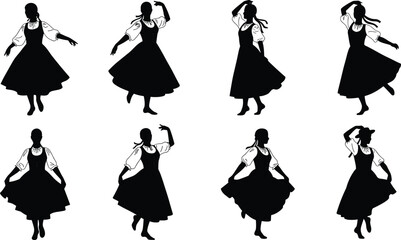 Traditional dancer silhouettes in puffed-sleeve dresses, expressive folk dance poses, cultural performance art, elegant movement illustration, heritage dance design