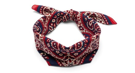 A close-up shot of a red and blue paisley bandana tied in a knot, isolated on a white background.