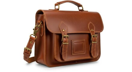 A classic brown leather satchel bag with a top handle and a detachable shoulder strap, featuring buckle closures and a vintage aesthetic.