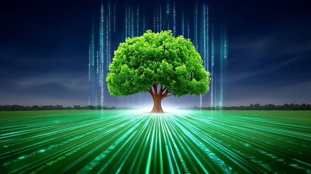Vibrant Tree Surrounded by Green Grass and Digital Binary Data Streaming in Futuristic Landscape Under a Dark Sky