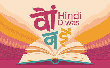 Hindi Diwas celebration with open book and Devanagari script