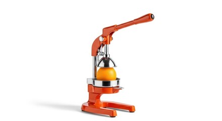 A bright orange manual citrus juicer with a half-cut orange ready to be juiced, set against a clean white background.