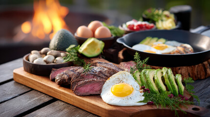 Gourmet outdoor breakfast platter featuring steak, eggs, avocado, mushrooms, and a campfire in the background