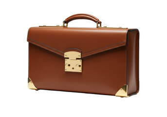 Isolated leather briefcase, brown and gold business bag for office, business trip or travel