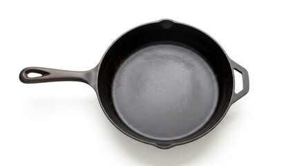 A top-down view of a seasoned cast iron skillet with a long handle and a helper handle on the opposite side, set against a white background.
