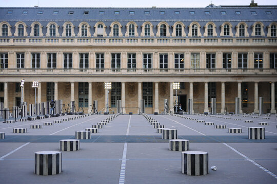 Paris, France June 4, 2025 View of the Palais Royal courtyard with the famous Buren Columns art installation, also known as Les Deux Plateaux. Editorial use only.