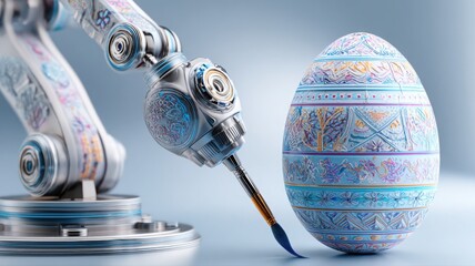 Colorful robotic arm creates unique designs on an Easter egg in a bright environment