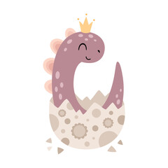 Cartoon dinosaur baby in egg, cute dino girl clipart, jurassic character in pastel colors. Vector  illustration