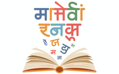 Open book with colorful Hindi alphabet characters emerging
