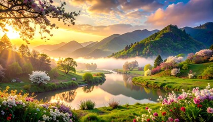 Serene Mountain Lake at Sunrise with Blossoming Flowers and Mist.