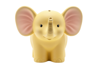 Isolated yellow ceramic coin bank shaped like an elephant with big ears for kids room decor