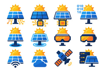 Obraz premium Futuristic Solar Icons. Tech Solar Power in modern flat vector : solar power with circuit lines, solar power with AI chip, solar power with microchip,