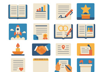 Colorful Event Pages Icons. Event Fresh Pages in modern flat vector : school notebook page, office report page, contract signing page, award ceremony