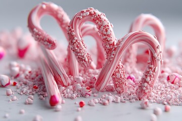 Several small candy canes laying on a table, covered in crushed candy cane pieces, creating a festive, sweet holiday atmosphere.