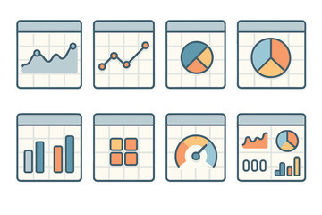 Data Icon Grids. Data & Analytics Grids set of icons in neo-flat style: grid with chart panel, grid with line graph, grid with pie chart, grid with