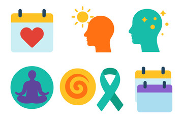 Wellness Day Symbols. Mental Health Day in modern flat vector : calendar with heart, sun over head icon, glowing wellness day, person meditating,