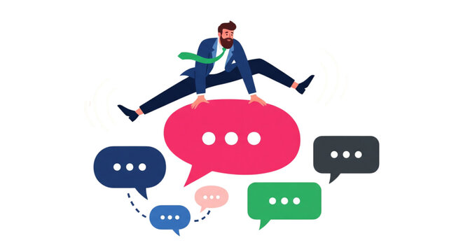Modern flat vector illustration of a businessman jumping over a large red speech bubble, symbolizing communication management.