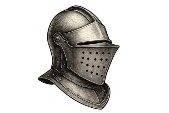 Medieval knight helmet armor antique drawing vintage style on transparent background