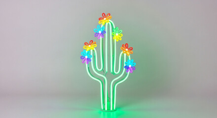 A vibrant green neon cactus sign adorned with colorful flowers, casting a soft glow against a neutral backdrop, creating a playful and inviting atmosphere