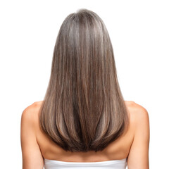 Fototapeta premium Woman with Long Straight Hair Facing Away, Displaying Silky Hair Texture and Natural Shine, Isolated on White Background