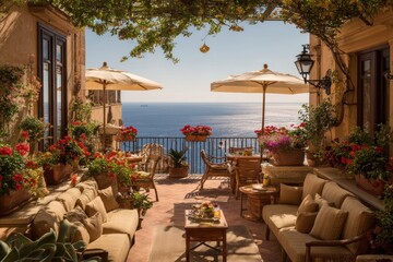 Obraz premium A charming outdoor patio with ocean views, featuring comfortable seating, vibrant flowers, and elegant patio furniture under a sun-drenched sky.