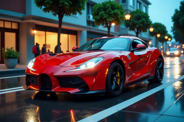 Fototapeta premium A luxury red sports car driving down a wet city street.