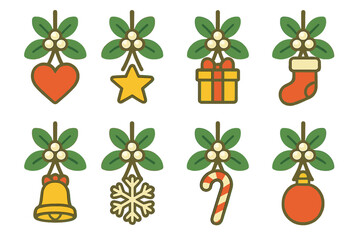 Mistletoe Icon Set. Holiday Mistletoe set of icons in neo-flat style: mistletoe with heart, mistletoe with star, mistletoe with gift, mistletoe with