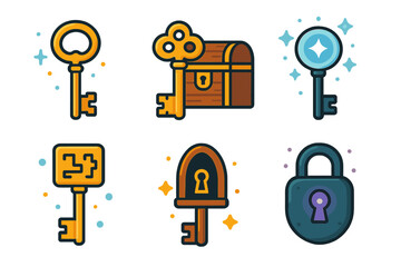 Fantasy treasure linear icon set. featuring keys, chest, lock, magic symbols