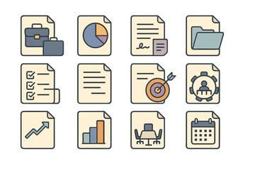 Neo-Flat Business Icons. Business Transaction Logs set of icons in neo-flat style: log with briefcase, log with pie chart, log with contract, log with