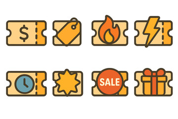 Neo-Flat Coupon Icons. Discount & Deals set of icons in neo-flat style: coupon with dollar sign, coupon with tag, coupon with flame, coupon with