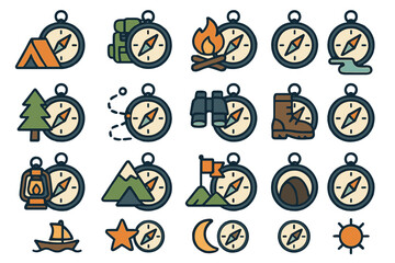 Neo-Flat Compass Icons. Adventure Compass set of icons in neo-flat style: compass with tent, compass with backpack, compass with campfire, compass